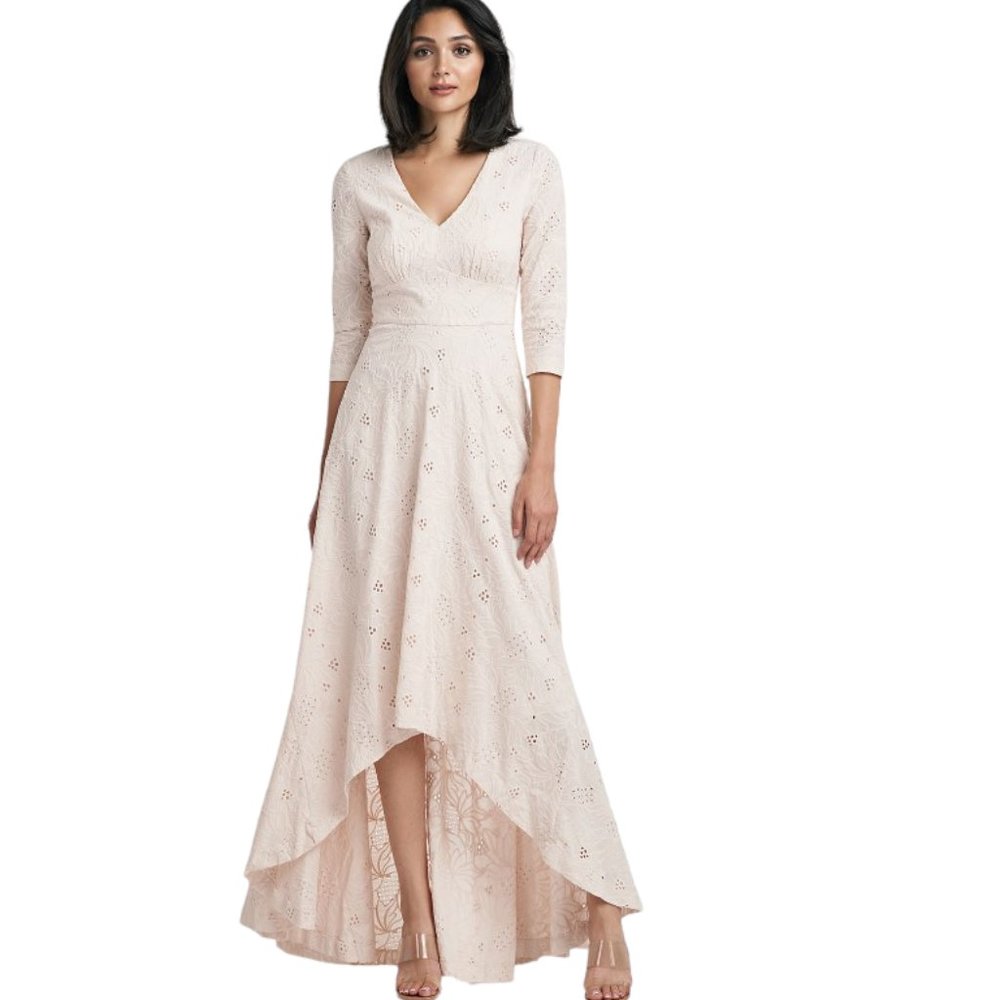 Kay Unger Blush Pink Eyelet High-Low V-Neck Dress